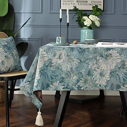 Menkala Tischdecke Abwaschbar Outdoor Gartentischdecke Ölgemälde Eckig Rechteckige Tischtuch Vintage Blau Weiß Blumen Polyester Tischdeck für Couchtisch Party Garten Tisch Table Deko 100x140 cm von Menkala