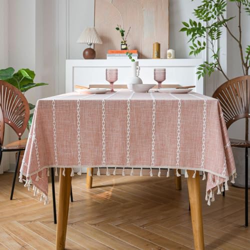 Menkala Tischdecke Abwaschbar Rosa Gestreift Gehäkelte Tischwäsche mit Quasten Leinenoptik Modern Streifen Rechteckige Tischtuch 140x180cm Landhausstil Tischdeko für Home Küche Speisetisch von Menkala