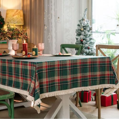 Menkala Tischdecke Abwaschbar Weihnachten Grün Kariert Tischtuch mit Quasten Romantisch Landhausstil Baumwolle Leinen Weihnachtstischdecke Rechteckig 140x240cm für Home Küche Speisetisch Dekoration von Menkala