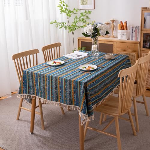 Menkala Tischdecke Boho Style Abwaschbar Blau Bunt Gestreift Tischwäsche mit Quasten Baumwolle Leinen Landhausstil Vintage Rechteckige Tischtuch 100x140 Tischdeko für Küche Landhaus Speisetisch von Menkala