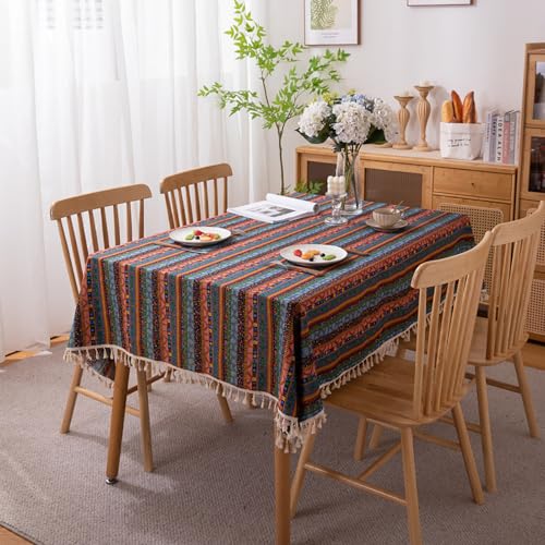 Menkala Tischdecke Boho Style Abwaschbar Blau Gelb Gestreift Tischwäsche mit Quasten Baumwolle Leinen Landhausstil Vintage Rechteckige Tischtuch 100x140 Tischdeko für Küche Landhaus Speisetisch von Menkala