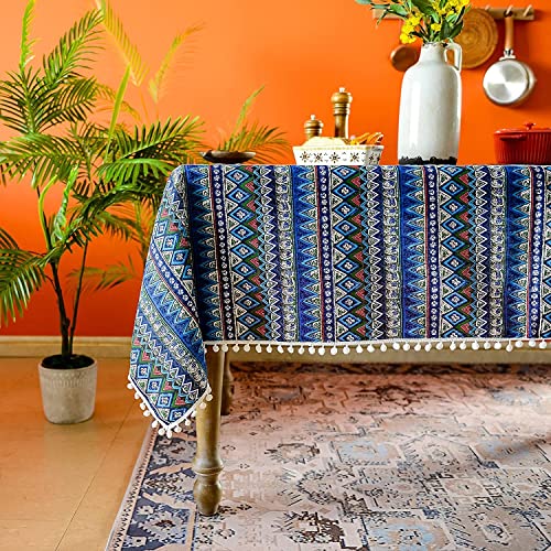 Menkala Tischdecke Boho Style Abwaschbar Blau Kariert Tischwäsche mit Pompons Quasten Baumwolle Leinen Landhausstil Vintage Rechteckige Tischtuch 100x140cm Tischdeko für Home Küche Speisetisch von Menkala