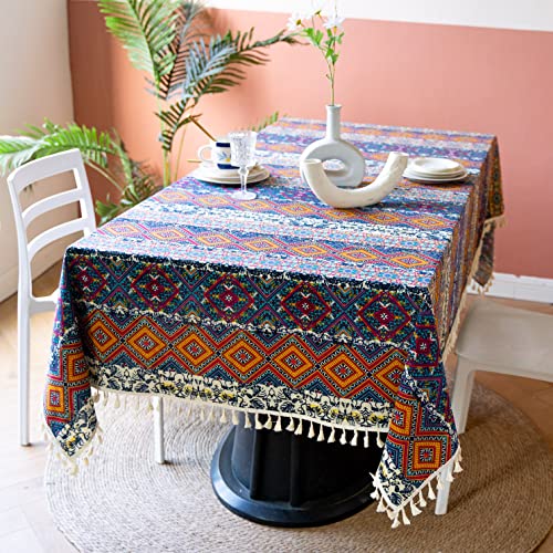 Menkala Tischdecke Boho Style Abwaschbar Bunt Blau Kariert Tischwäsche mit Quasten Baumwolle Leinen Landhausstil Vintage Rechteckige Tischtuch 140x260 Tischdeko für Home Küche Landhaus Speisetisch von Menkala