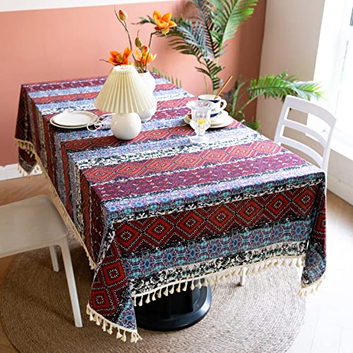 Menkala Tischdecke Boho Style Abwaschbar Bunt Rot Kariert Tischwäsche mit Quasten Baumwolle Leinen Landhausstil Vintage Rechteckige Tischtuch Klein 120x120cm Tischdeko für Home Küche Speisetisch von Menkala