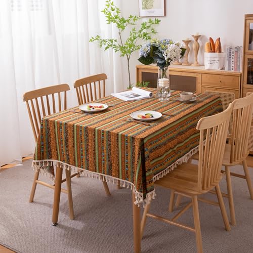 Menkala Tischdecke Boho Style Abwaschbar Gold Gelb Gestreift Tischwäsche mit Quasten Baumwolle Leinen Landhausstil Vintage Rechteckige Tischtuch 140x160 Tischdeko für Home Küche Landhaus Speisetisch von Menkala