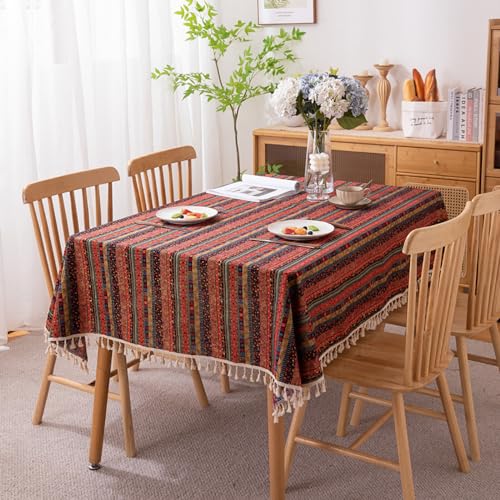 Menkala Tischdecke Boho Style Abwaschbar Rot Bunt Gestreift Tischwäsche mit Quasten Baumwolle Leinen Landhausstil Vintage Rechteckige Tischtuch 140x200 Tischdeko für Home Küche Landhaus Speisetisch von Menkala