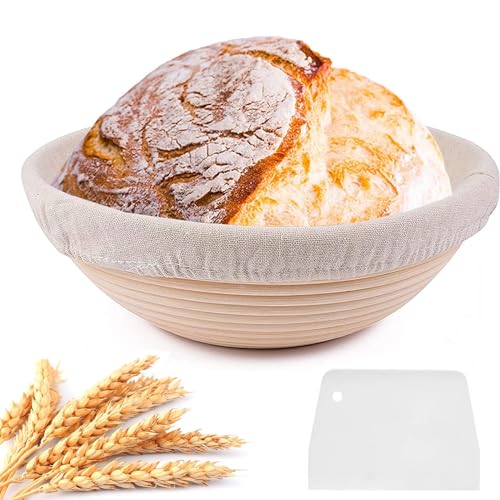 Gärkörbchen Rund Natürlichem Peddigrohr Durchmesser 25 cm Rundes Gärkorb zum Brotbacken-Set Proofing Basket mit Teigschaber für 1Kg Brot und Teig Vollkornbrot und Sauerteigbrot von Menmamenma