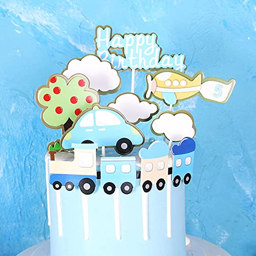 Geburtstag Tortendeko 8-Teiliges Set, Happy Birthday Cake Topper, Cartoon Zug Flugzeug Wald Auto Kuchendeckel Topper, Alles Gute zum Geburtstag Cake topper für Jungen Kinder und Mädchen von Menwings