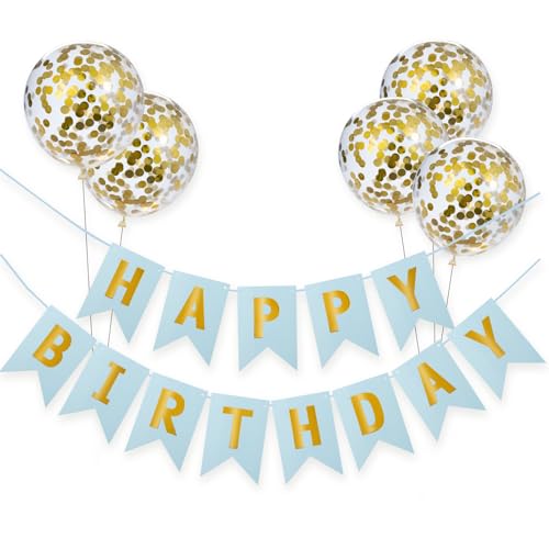 Meowoo Banner Happy Birthday Girlande mit 5 Goldenen Latexballons, Geburtstag Deko Zubehör Party Dekoration Banner und Ballon Set Geeignet für alle Altersgruppen (Blau) von Meowoo