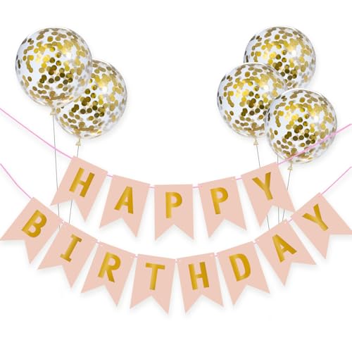 Meowoo Banner Happy Birthday Girlande mit 5 Goldenen Latexballons, Geburtstag Deko Zubehör Party Dekoration Banner und Ballon Set Geeignet für alle Altersgruppen (Pink) von Meowoo