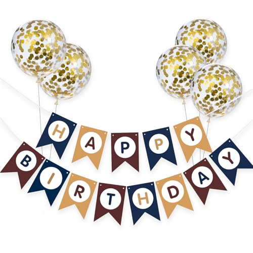 Meowoo Banner Happy Birthday Girlande mit 5 Goldenen Latexballons, Geburtstag Deko Zubehör Party Dekoration Banner und Ballon Set Geeignet für alle Altersgruppen (Rot-Gelb-Blau 3 Farben) von Meowoo