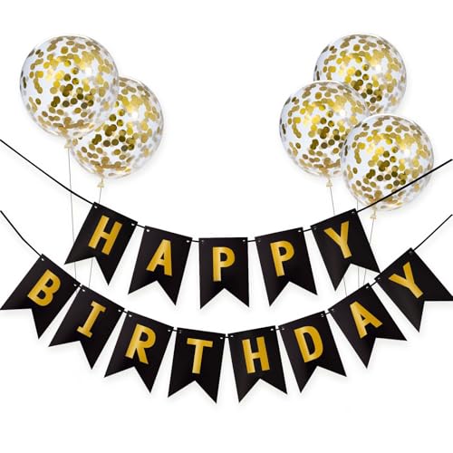 Meowoo Banner Happy Birthday Girlande mit 5 Goldenen Latexballons, Geburtstag Deko Zubehör Party Dekoration Banner und Ballon Set Geeignet für alle Altersgruppen (Schwarz) von Meowoo