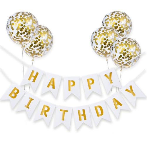 Meowoo Banner Happy Birthday Girlande mit 5 Goldenen Latexballons, Geburtstag Deko Zubehör Party Dekoration Banner und Ballon Set Geeignet für alle Altersgruppen (Weiß) von Meowoo