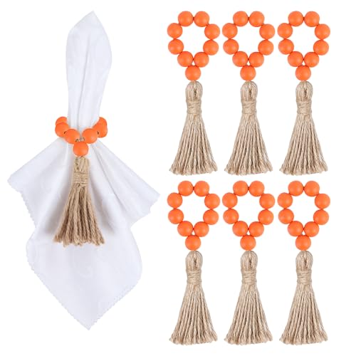 Meplait Herbst-Serviettenringe, 6 Stück, Halloween-Serviettenringe, Herbst-Serviettenhalter, Holzperlen, Serviettenringe, Thanksgiving-Dekorationen für Tisch (orange) von Meplait