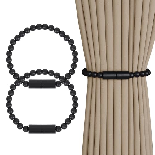 Meplait magnetische Vorhänge Haken, 2 Stücke mit Vorhängen Haken Holz Perlen Haken Bauernhaus Vorhänge Haken Boho Vorhänge Haken (Cylinder-Black) von Meplait