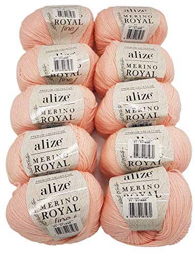 Merino Royal fine 10 x 50g Strickwolle Alize, 100% Merino Wolle, 500 Gramm Merinowolle einfarbig (apricot 31) von Merino Royal fine