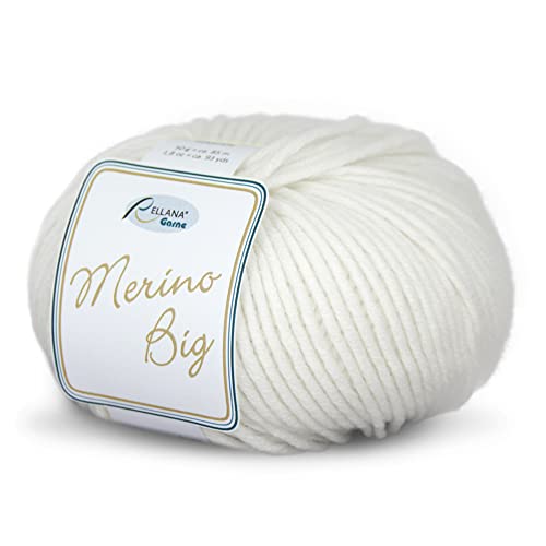 Rellana Wolle Merino Big Fb. 1 - weiße Wolle Nadelstärke 5 - 6 mit Merinowolle zum Stricken & Häkeln, Mützenwolle von Merino