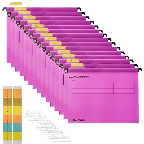 MerryNine A4-Hängemappen, Polypropylen, mit Registerkarten und Karteneinsätzen, für Schule, Zuhause, Arbeit, Büro, Organisation, 15 Stück (Rosa) von MerryNine