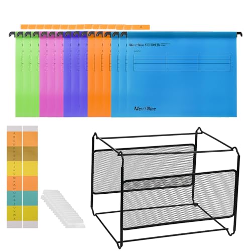 MerryNine Hängemappen und Rahmen, A4-Hängemappen, 15 Stück, 5 Farben, mit Registern und Karton, schwarzes Metallgeflecht, A4-Hängemappe, Schreibtisch-Hängemappe, Ordner, Organizer von MerryNine