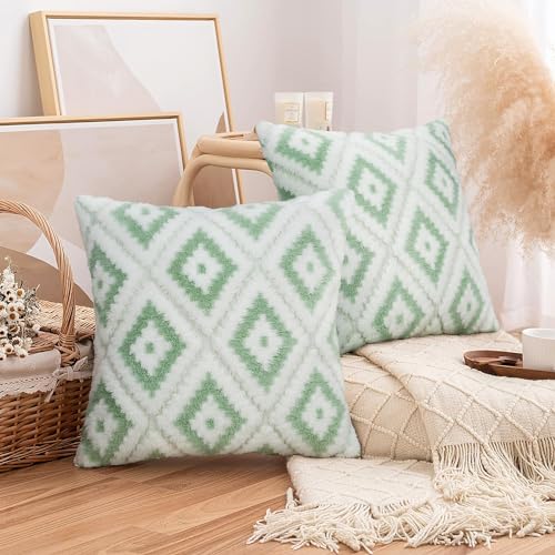 Merrycolor 2er Set Plüsch Kissenbezug 45x45cm Rechteckig Zierkissenbezug Flauschig Wolle Samt Kissenbezüge Boho Deko Kissen Sofakissen Dekokissen für Schlafzimmer Wohnzimmer Grün von Merrycolor