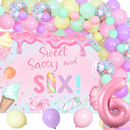 6th Dessert Balloons Arch Garland Birthday Decorations Sweet Sassy and Six Backdrop Macarons Balloons Garland Number 6 Foil Balloon for Six Birthday Decoration Girl Princess von Merrystorm