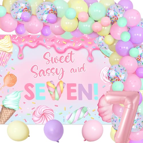 7. Dessert Ballon Bogen Girlande Geburtstag Dekorationen Süß Sassy und Sieben Hintergrund Macarons Ballons Girlande Nummer 7 Folienballon für Mädchen Sieben Geburtstag Dekoration von Merrystorm