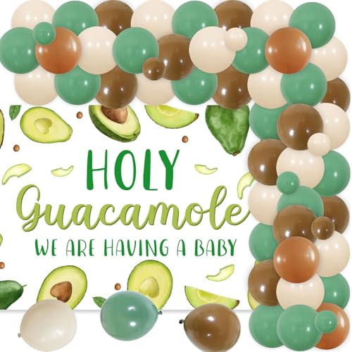 Avocado-Themen-Babyparty-Dekorationen, Avocado-grün-braunes Ballon-Girlandenbogen-Set mit Heiliger Guacamole We Are Having a Baby Hintergrund Let's Go Avocado Babyparty Party Supplies von Merrystorm