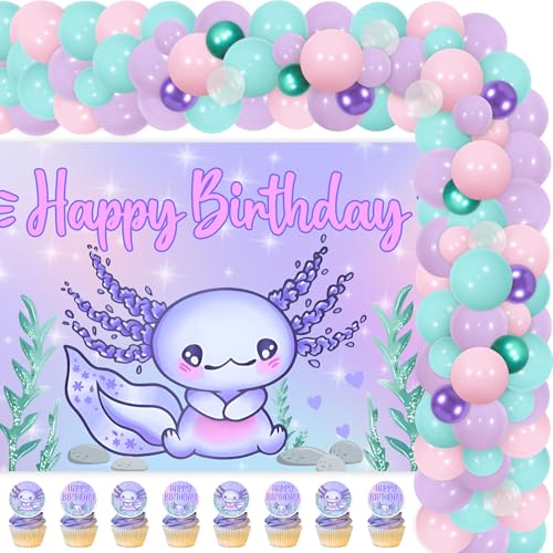 Axolotl Thema Geburtstag Party Dekorationen Lila Ballon Girlande Bogen Kit Axolotl Thema Happy Birthday Foto Hintergrund Cupcake Topper für Jungen Mädchen 1. 2. 3. Geburtstag Party Dekor Supplies von Merrystorm