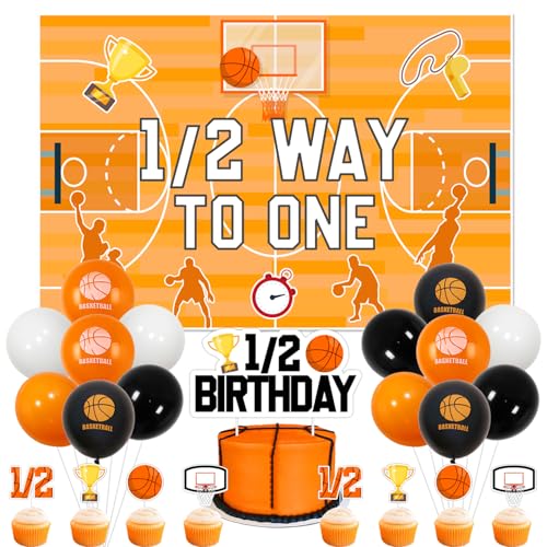 Basketball Halber Geburtstag Dekorationen, Basketball 1/2 Weg zu einem Hintergrund 1/2 Geburtstag Kuchen Topper Basketball Trophäe Cupcake Toppers Luftballons Set für Jungen Halbzeit 6 Monate von Merrystorm