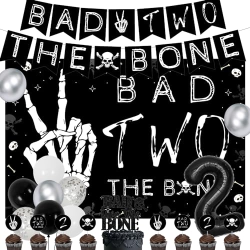 Black Bad Two The Bone Geburtstag Dekoration, Skelett Thema 2. Geburtstag Party Dekorationen Hintergrund Banner Kuchen Cupcake Topper Folie Nummer 2 Ballon für Jungen Mädchen Gothic Thema 2 Jahre alt von Merrystorm