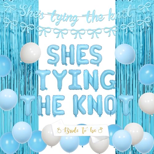 Blaue Schleife Junggesellinnenabschied Dekorationen She's Tying the Knot Glitter Banner Diamant Ring Folienballon Bride to Be Schärpe Folienvorhang für Brautdusche Verlobung Hochzeit Bachelorette von Merrystorm