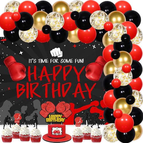 Boxing Themed Birthday Party Dekorationen, Boxing Match Rot und Schwarz Ballon Girlande Kit - Happy Birthday Hintergrund Wrestling Party Dekorationen Kampf Sport für Jungen Männer von Merrystorm