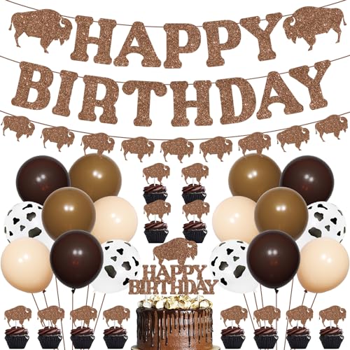 Brown Bison Theme Birthday Decoration, Bison Glitter Happy Birthay Banner Cake Cupcake Topper Cowprint Brown Balloons for Baby Shower Western Farm Animals Theme Birthday Party Supplies von Merrystorm