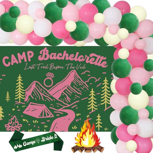 Camping Bachelorette Party Dekoration, Retro Salbeigrün Rosa Ballon Girlande Bogen Kit Camp Bachelorette Hintergrund Camp Braut Schärpe Flamme Ornament für Camping Brautdusche Party Dekor Supplies von Merrystorm