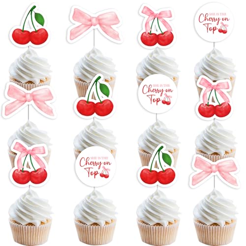 Cupcake-Topper mit Aufschrift "She's the Cherry on Top", 36 Stück, Kirsche auf der Oberseite, für Babyparty, Cupcake-Topper, Kirsche, Junggesellinnenabschied, Kuchendekoration, Sommerkirsche, von Merrystorm