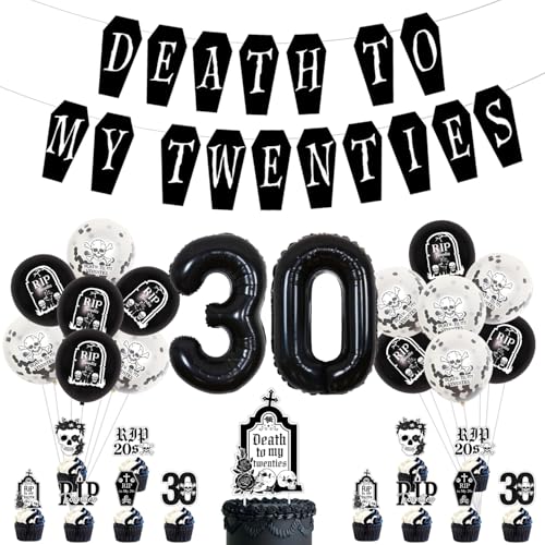 Death to My 20s Decorations, 30th Birthday Decor for Her Black, Death to My Twenties Banner Rip Twenties Balloons Beerdigung Cake Toppers for Rip 20s My Youth 30th Birthday Party Supplies von Merrystorm