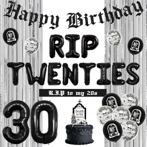 Death to My 20s Decorations, Black 30th Birthday Decor for Women Men Death to My Twenties Banner Number 30 Balloons Rip to My 20s Sash Cake Toppers for Rip 20th Birthday Decorations von Merrystorm