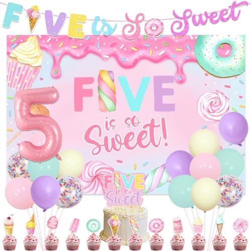 Dessert Thema Dekoration Five Is so Sweet Glitter Banner Eiscreme Hintergrund Süße Süßigkeiten Fotografie Hintergrund Tuch Donut Kuchen Topper für Mädchen 5. Geburtstag Sommer Eis Süßes Partyzubehör von Merrystorm