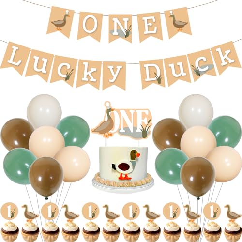 Ente Thema 1. Geburtstag Dekoration, eine Glücksente Banner Kuchen Topper Cupcake Topper Grün Braun Luftballons Set Stockente Geburtstag Party Dekorationen für 1 Jahr alte Kinder von Merrystorm