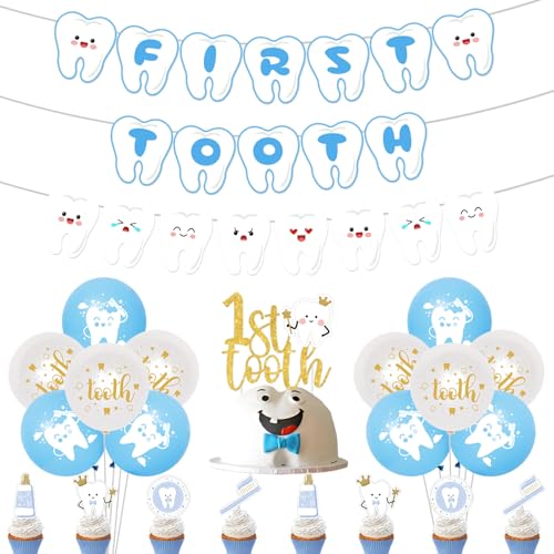 Erste Zähne Ballons Banner Dekorationen, Blaue erste Zahn-Party-Dekoration Kuchen Topper Cupcake Toppers Latex Ballons Zahn Party Dekorationen für 1. Zahnparty, Babyparty,Geburtstag von Merrystorm