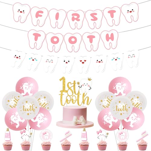 Erste Zahnbanner Ballons Dekorationen, Rosa Erster Zahn Banner Glitzer 1. Zahn Kuchen Topper Cupcake Toppers Latex Ballons Zahn Party Dekorationen für Mädchen 1. Zahn Baby Shower Party Supplies von Merrystorm