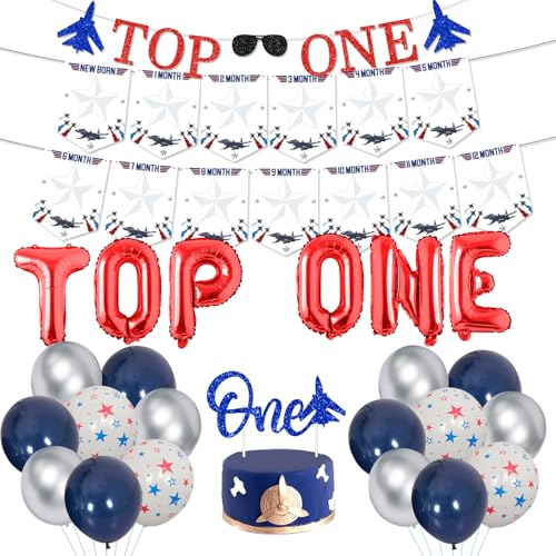 Fighter Jet First Birthday Decorations, Airplane Theme "Top One" Glitter 1st Birthday Banner Photo Banner Cake Topper with Aluminum Film Balloons for Boys Airplane 1st Birthday Supplies von Merrystorm