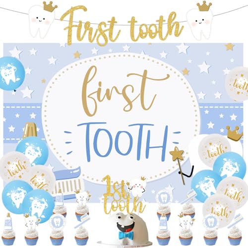 First Tooth Partyset, Glitzer erster Zahn, Banner, Zahn Hintergrund, 1. Zahn Kuchen Dekoration Cupcake-Topper, Latexballon, Zahnfestdekorationen für 1. babytandsparty Babyshower Partyzubehör von Merrystorm