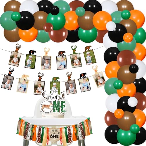 Hirsch 1. Geburtstag Dekoration, Hirsch Jagd Geburtstag Party Foto Banner The Big One Cake Topper Hochstuhl Banner Orange Grün Schwarz Ballon Girlande Bogen Kit für Jungen Camo Hirsch Jagd Bday von Merrystorm