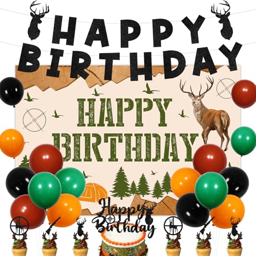 Hirsch Jagd Geburtstag Party Dekoration, Hirsch Happy Birthday Hintergrund Glitzer Banner Kuchen Topper Camo Jagd Thema Cupcake Toppers Latex Ballons für Jungen Jagd Geburtstag Party Dekor Supplies von Merrystorm