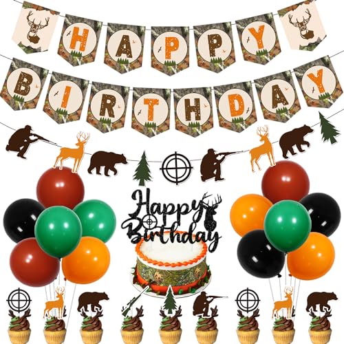 Hirsch Jagd Geburtstag Party Dekorationen, Camo Hirsch Bär Jagd Thema Banner Girlande Glitzer Kuchen Cupcake Toppers Latex Ballons für Jungen Jagd Geburtstag Party Dekor Supplies von Merrystorm