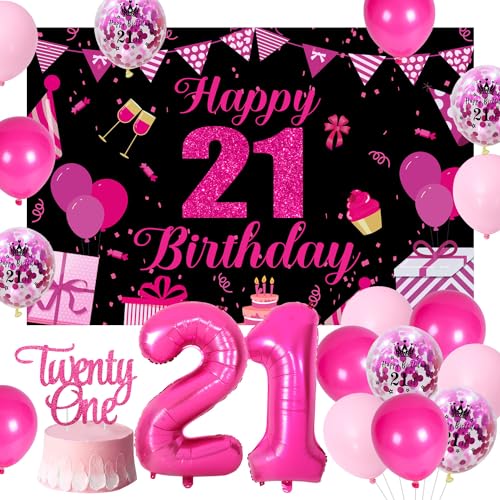 Hot Pink und Schwarz 21. Geburtstag Dekorationen für Mädchen Frauen mit Happy 21 Birthday Hintergrund Glitter Cake Topper Hot Pink Luftballons Nummer 21 Folienballon für Endlich 21 Party Supplies von Merrystorm