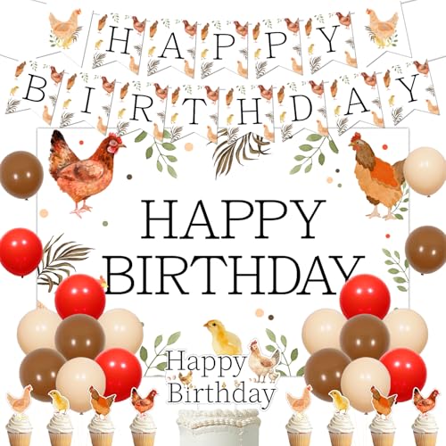 Huhn Happy Birthday Dekorationen, Huhn Happy Birthday Hintergrund Banner Bauernhof Huhn Kuchen Topper Set Huhn Luftballons für Jungen Mädchen Kinder 1. 2. 3. Geburtstag von Merrystorm