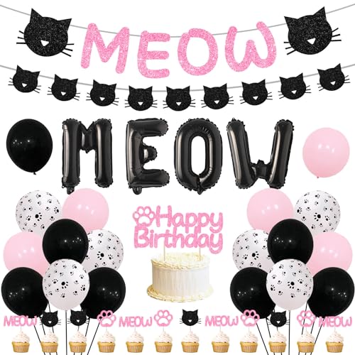 Katzenförmige Geburtstagsparty-Dekorationen, Miau-Katzen-Banner schwarz MEOW Folienballon Latexballons Happy Birthday Cake Topper Kätzchen Kuchen Cupcake Toppers für Mädchen Katze Themed von Merrystorm