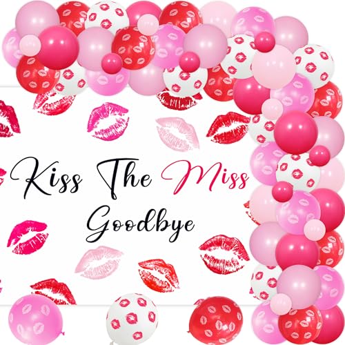 Kiss the Miss Goodbye Bachelorette Dekorationen, Hot Pink Ballon Girlande Bogen Kit mit Kiss the Miss Goodbye Hintergrund für Junggesellinnenabschied, Brautparty, Nachtspiele, Party von Merrystorm